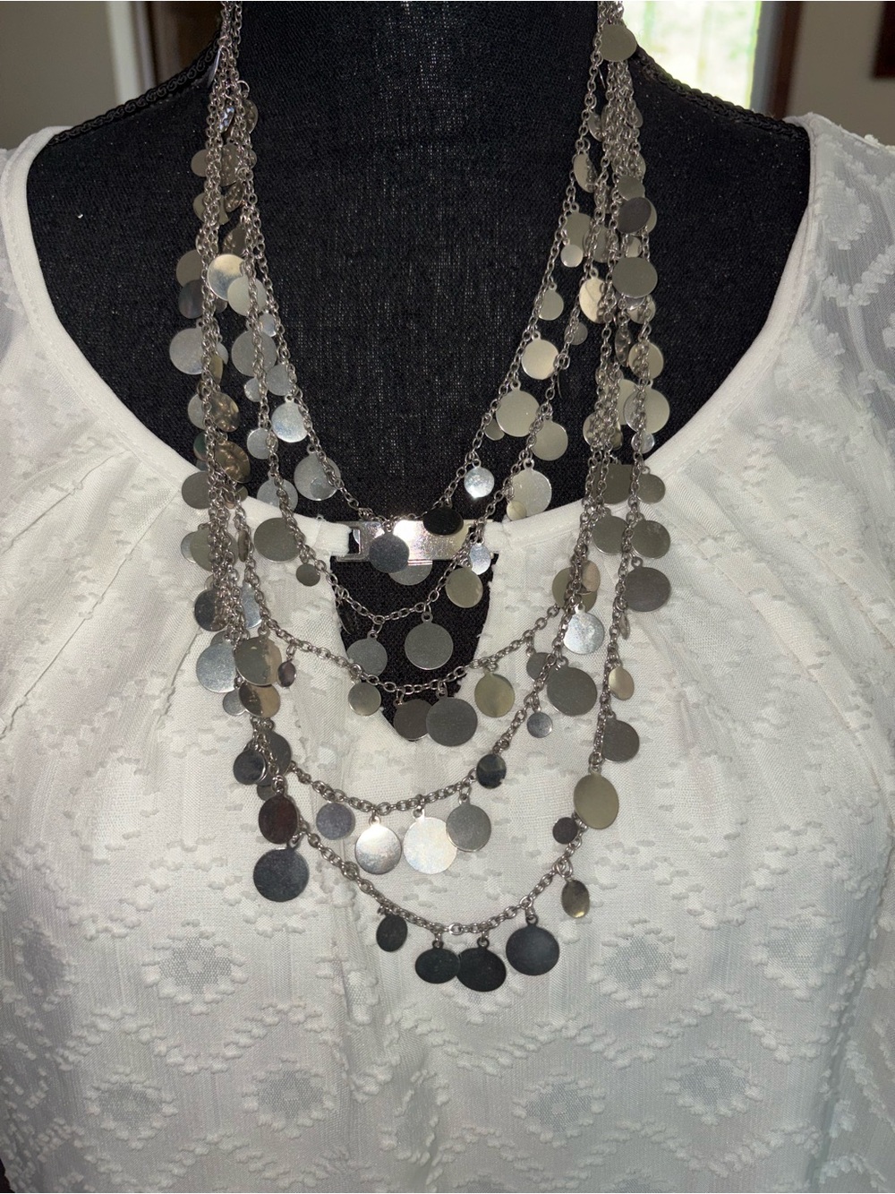 Multi-Strand Silver Disc Drop Necklace - Women Jewelry. 13 3/4 in